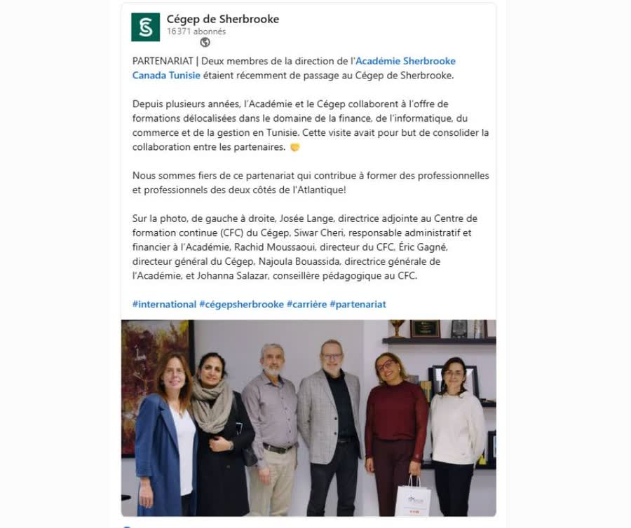 Publication du Cégep de Sherbrooke saluant la rencontre avec l'Académie Sherbrooke Canada-Tunisie