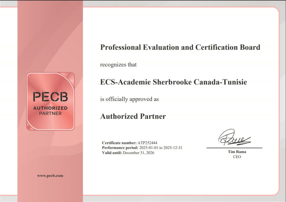Certificat PECB reconnaissant ECS-Académie Sherbrooke Canada-Tunisie comme partenaire agréé, numéro ATP232444, valide jusqu’au 31 décembre 2026