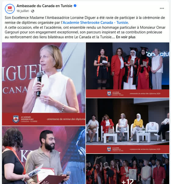 Publication saluant la présence de l'Ambassadrice du Canada en Tunisie à la cérémonie de remise des diplômes de l'académie